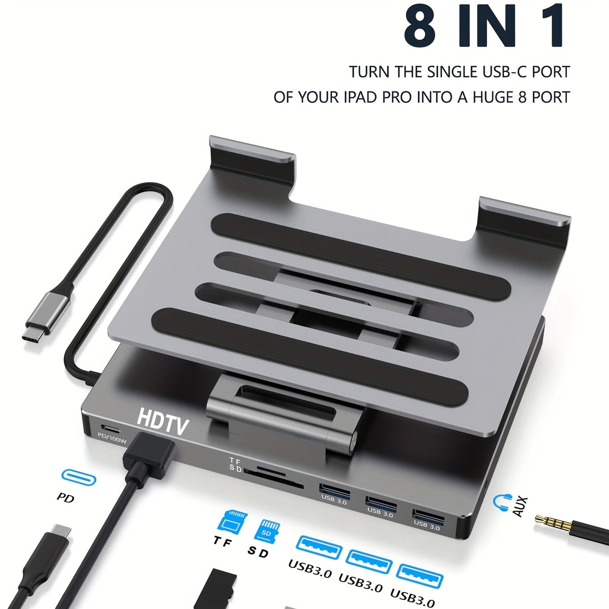iPad Phone Rotating Stand Docking Station – 4K 60Hz HDMI, Gigabit Ethernet, 100W PD, USB 3.0 Hub, SD/TF Card Reader, Audio Jack – Multi-Screen Home Office for iPad Pro & Smartphones