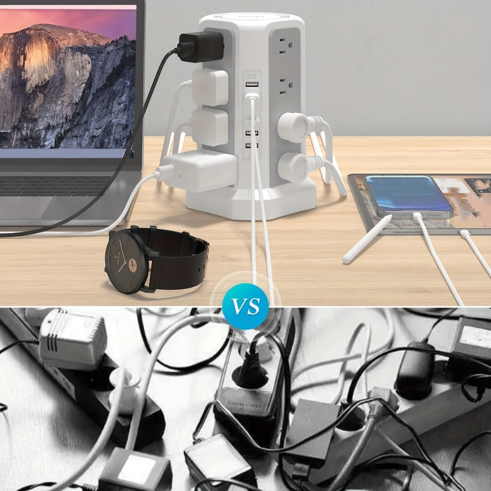 PD18W USB-C Power Strip Tower 21-in-1, 16 AC Outlets & 5 USB Ports, 1500J Surge Protector, Angled Flat Plug, 6ft 13A Extension Cord, Fast Charging Desktop Power Tower for Home Office Dorm – White