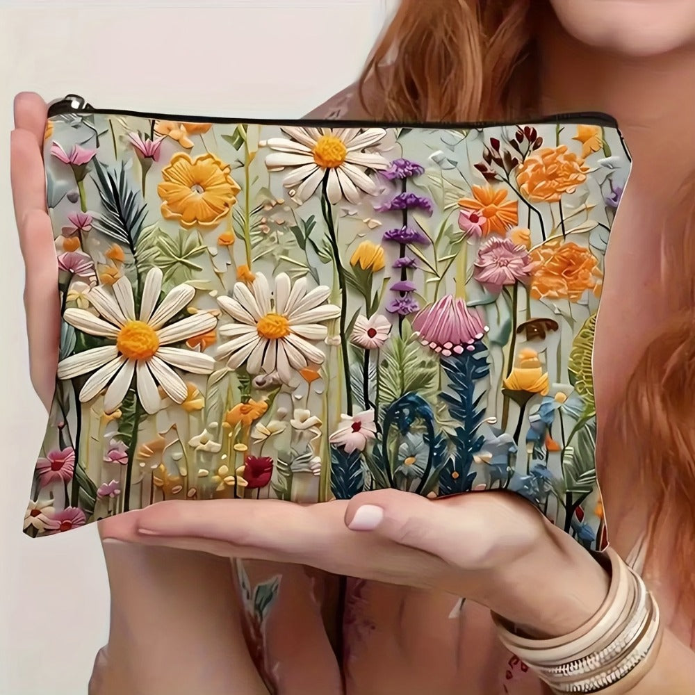 Daisy Floral Makeup Bag 4-Pack Set Foldable Zipper Travel Cosmetic Pouch Durable Toiletry Organizer Gift for Women Girls Sisters Girlfriends Birthday Christmas Holiday