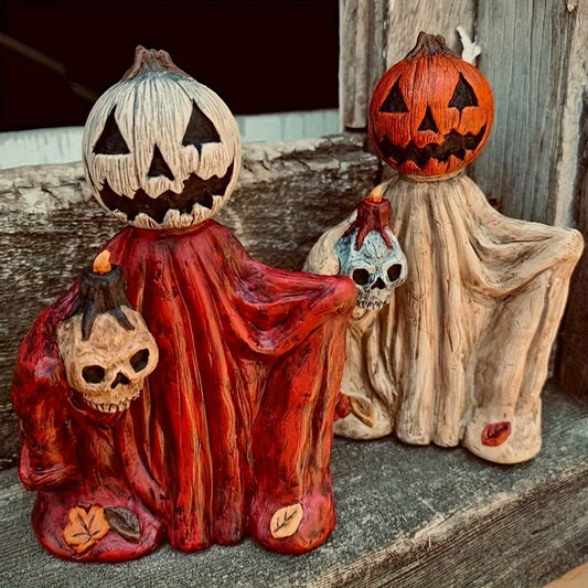 Halloween Pumpkin Wizard Figurines - Red & Cream Resin Set of 2 for Shelf Decor