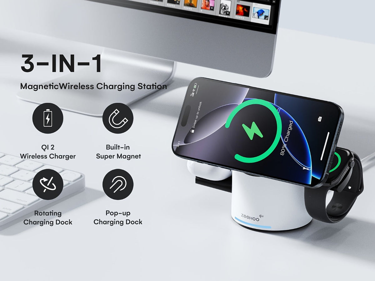 Qi2 3-in-1 Wireless Charging Station 15W ZEEHOO CylinTrick-R Cylindrical Rotating Magnetic Stand Hidden Pop-Up Charger Touch Activated for iPhone 17 16 15 14 13 12 Pro Max, Apple Watch Ultra Series 10 9 8 7 SE, AirPods 4 3 2 Pro – White Black