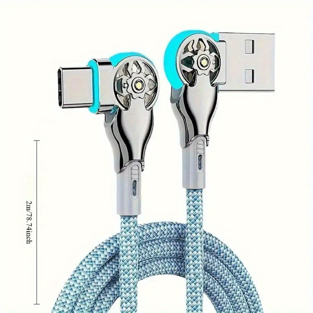 90 Degree USB-C Cable 65W Fast Charging with LED Light 6.56ft – Left Right Angle Double Elbow Type-C Data Cable for Samsung Galaxy S24 S23 Xiaomi Huawei Android Gaming Car Desk Setup