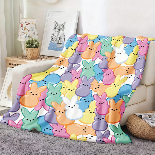 Easter Bunny Flannel Throw Blanket with Pastel Bohemian Print, 4 Sizes