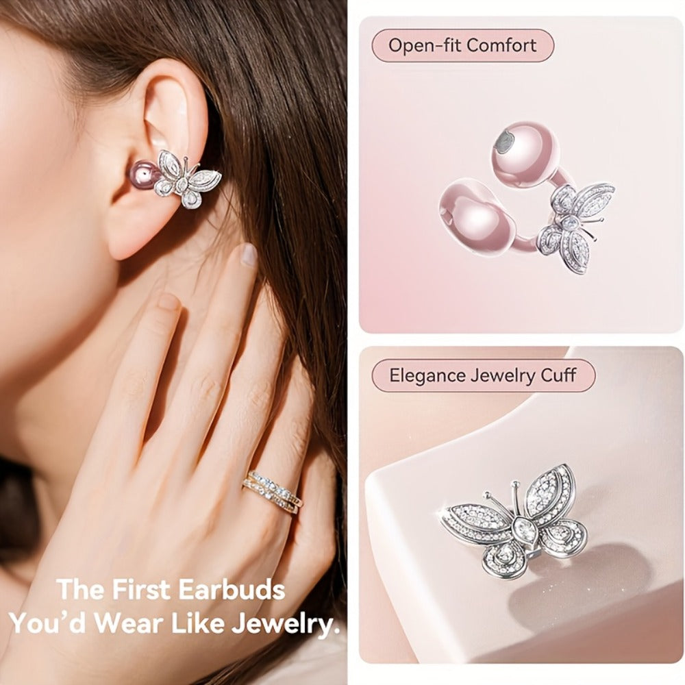 Clip On Wireless Earbuds Open Ear Bluetooth Headphones with Detachable Gemstone Earrings ANC Noise Reduction HD Stereo Hands-Free for Sports Exercise Work Study Outdoors