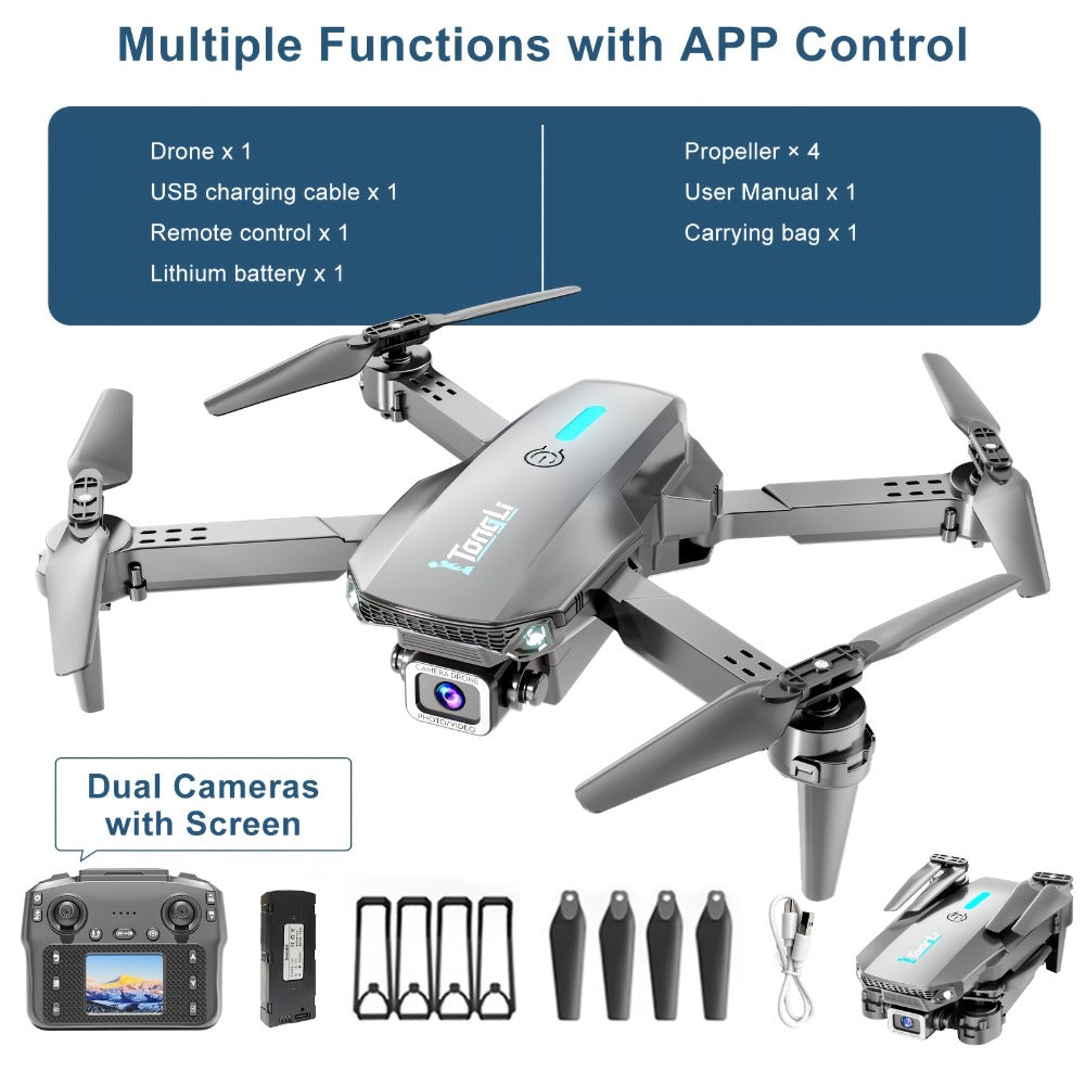 Foldable HD Camera Drone Free Storage Bag USB-C Charging 3D Flips Single or Dual Camera Built-in Screen Remote | Beginner Vlogging Aerial Photography Quadcopter Gift for Kids Teens Adults