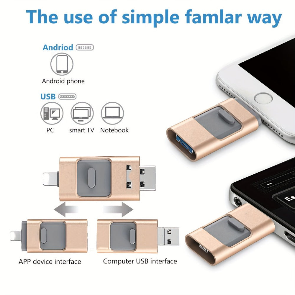 4-in-1 Flash Drive for iPhone iPad Android Type-C PC – OTG USB 3.0 Photo Stick 128GB 256GB Memory Stick Thumb Drive, Lightning Micro USB USB-C USB-A, Golden Silver Pink Black