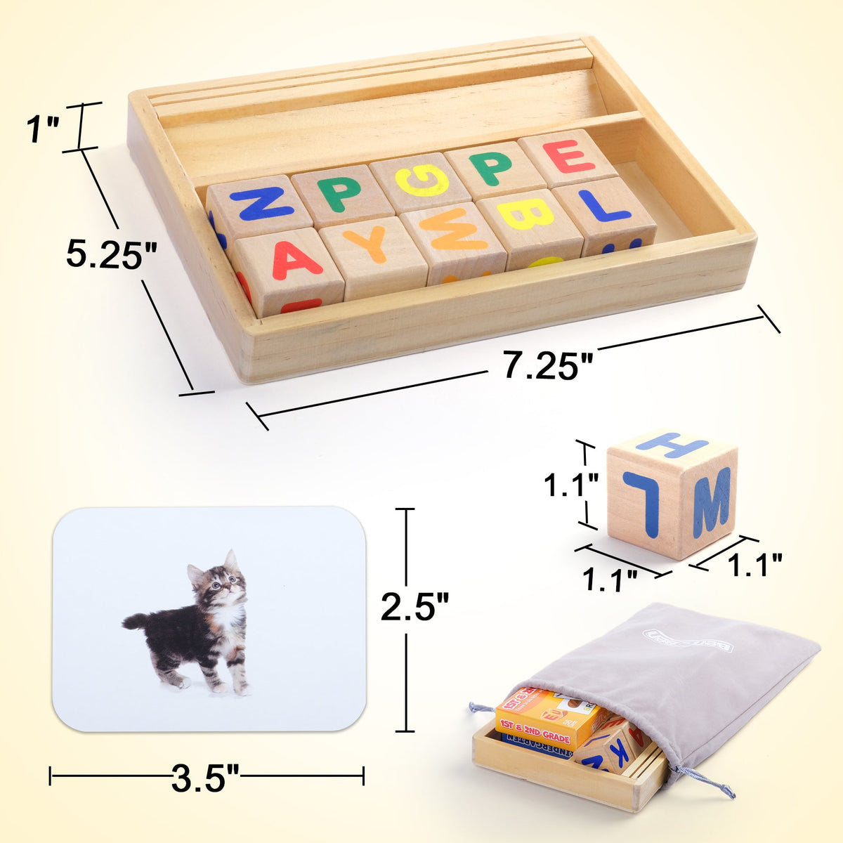 Phonics Word Builder Kit 110+ CVC Flash Cards 10 Letter Blocks Wooden Tray Spelling Matching Game | Learn to Read Toy for Preschool Kindergarten Homeschool Kids Ages 3-6 | Educational Birthday Gift