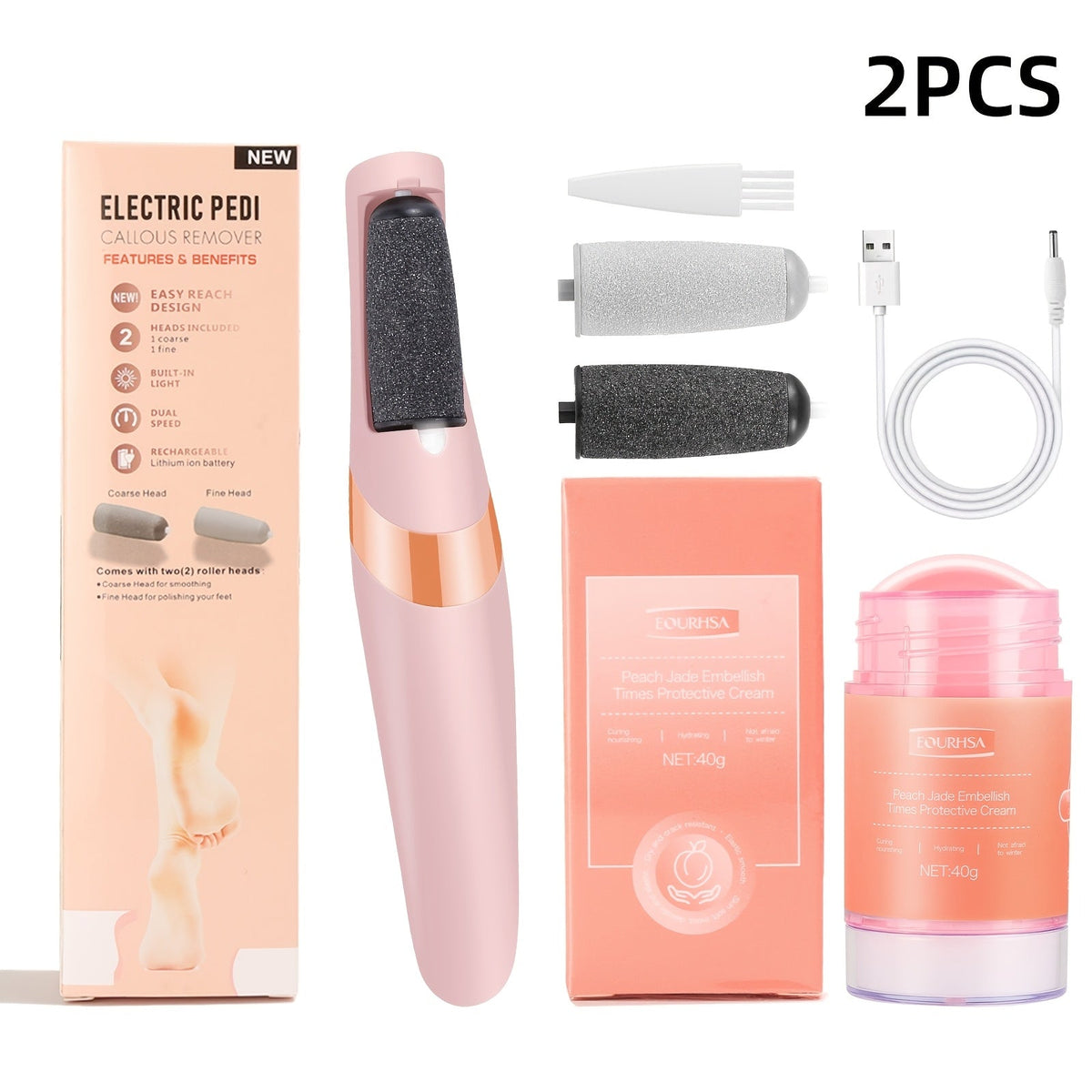 Electric Callus Remover for Feet with Foot Cream Stick Rechargeable Pedicure Tool 2 Speeds 2000 5000 RPM 2 Roller Heads – Dead Skin Dry Callus Cracked Heel Remover 60-Min Battery Gift for Women Pink