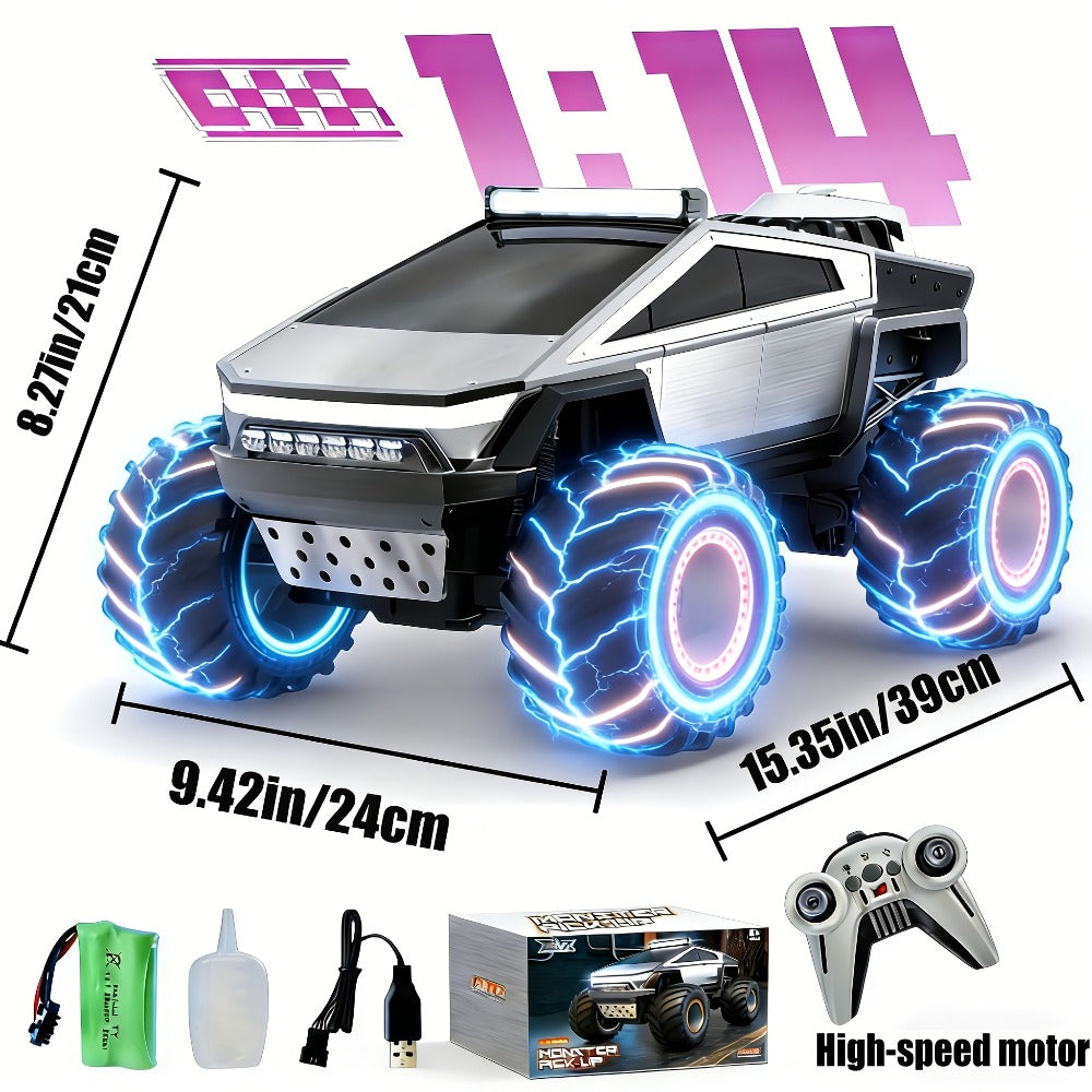 RC Monster Truck Toy, 4WD Off-Road Vehicle with LED Lights and Water Spray Effect