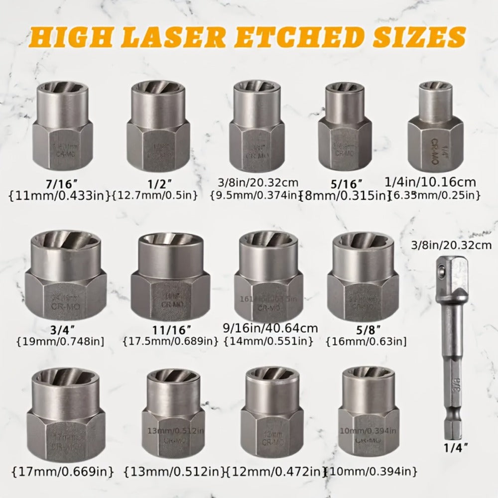Nut Extractor Kit 14pcs, Damaged Bolt & Nut Remover Set with 13 Stripped Nut Extractors & 1 Hex Socket Adapter, 1/4" to 3/8" Drive Lug Nut Removal Tool for Construction, Auto & Home Repair