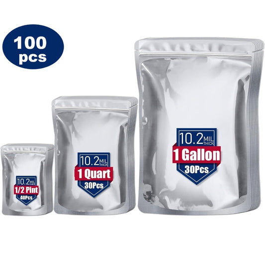 Mylar Food Storage Bags, 100-Pack in 3 Sizes with Resealable Zippers