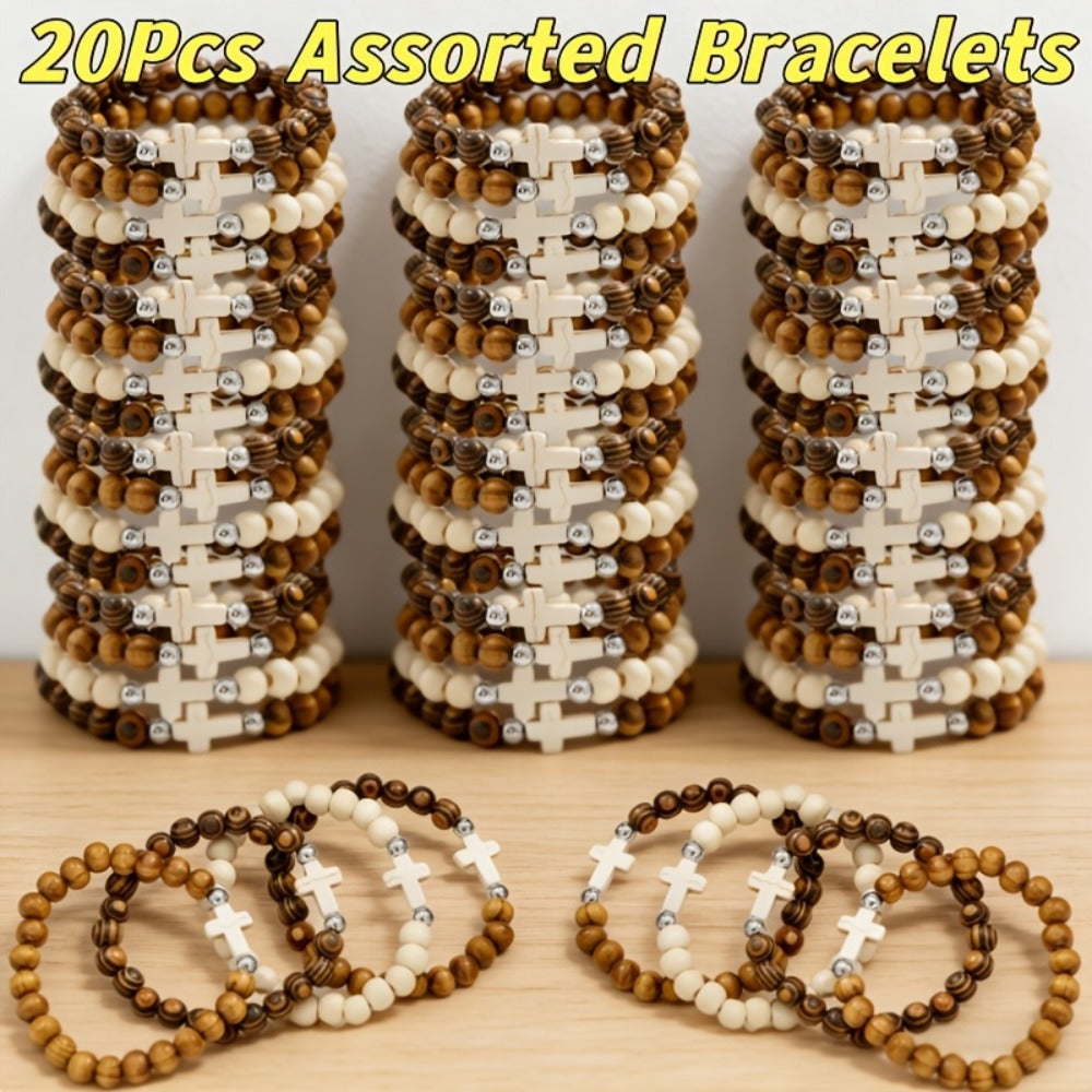 Cross Bracelets Bulk Set – Alloy Cross Pendant Woven Elastic Bracelets, 20 or 40 Pcs Assorted