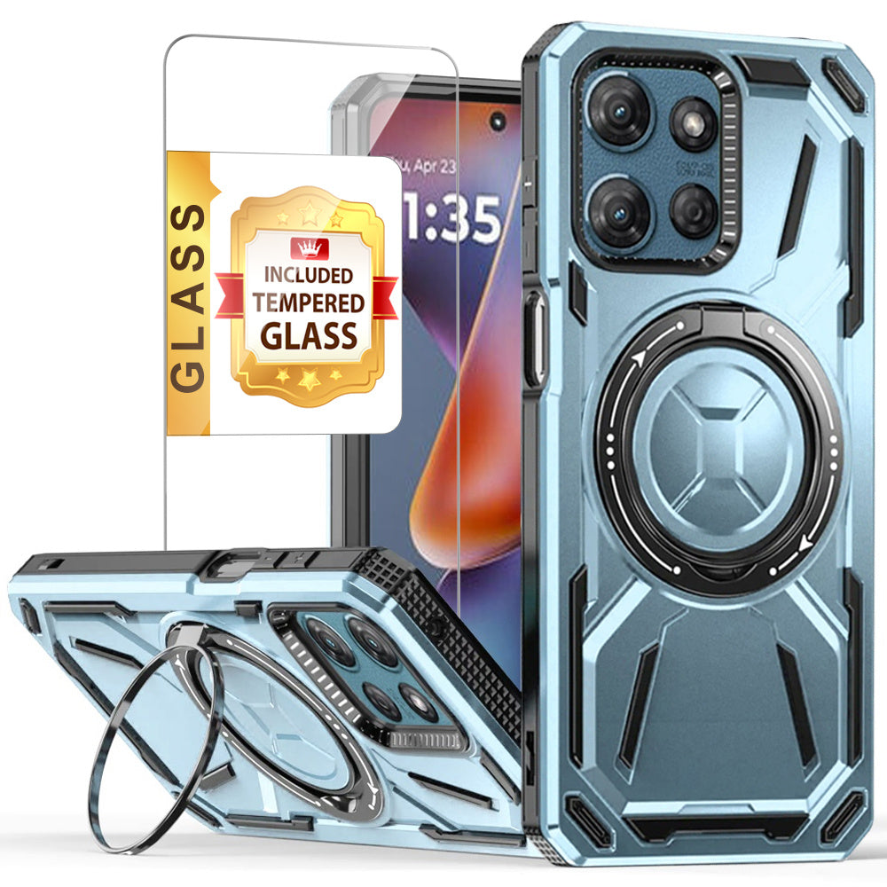 Moto G Power 5G 2025 Case with Tempered Glass Screen Protector & Magnetic Ring Stand 360° Rotatable Kickstand – Shockproof Wireless Charging Compatible Protective Cover for Motorola Moto G Power 5G 2025
