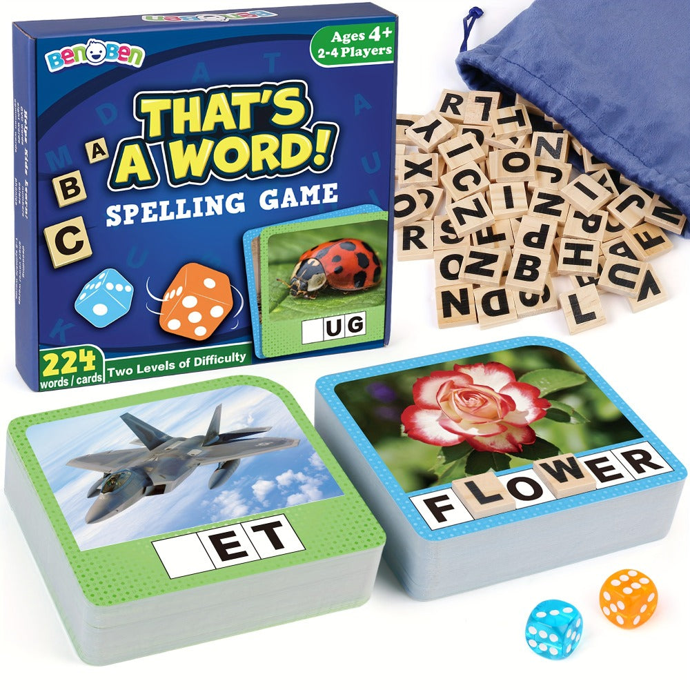 Spelling Flash Card Game for Kids Ages 4-8 — 224 Phonics Sight Word Flashcards, 208 Wood Letter Tiles & Dice, Kindergarten Homeschool ESL Autism Learning Toy, Birthday Christmas Gift
