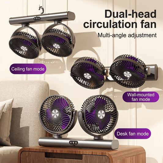Dual-Head Air Circulation Fan with 3 Speeds, USB Charging & Night Light