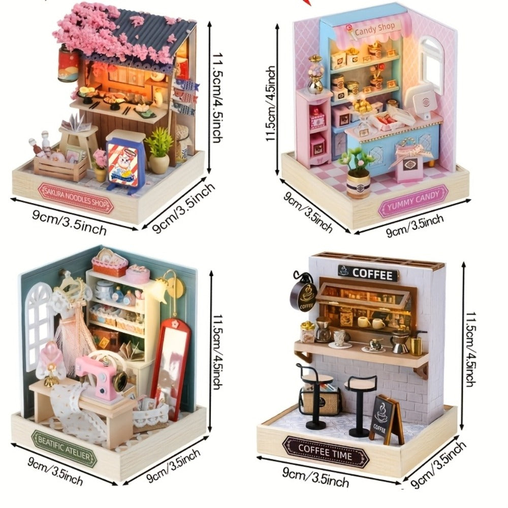 DIY Wooden Miniature Shop Kit with Dust Cover in Four Themes