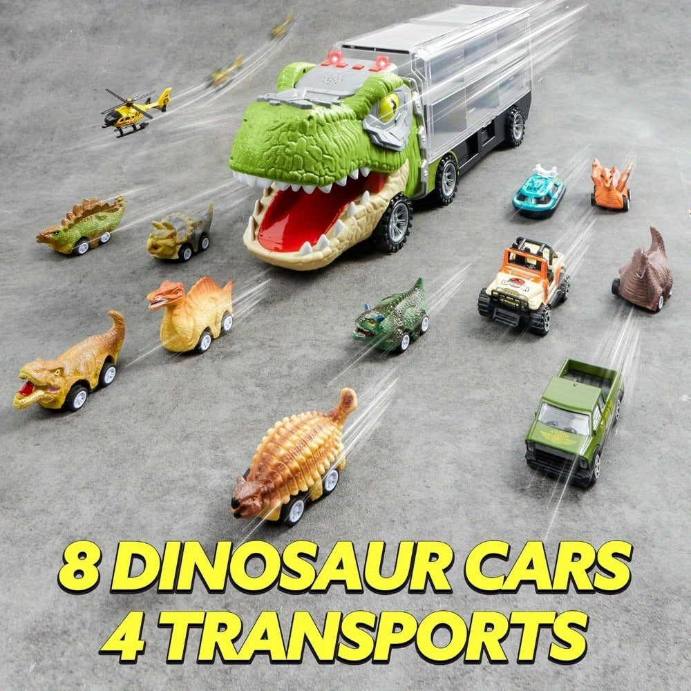 Dinosaur Truck Toy Set, 13-Piece Carrier with Mini Cars and Helicopter