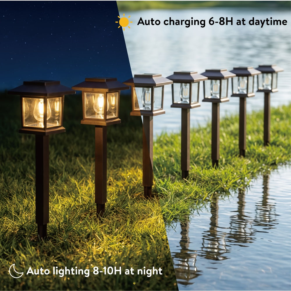Solar Pathway Lights Outdoor Edison Style LED – Up to 12 Hours Auto On/Off IP44 Waterproof | Warm White Solar Garden Lights for Yard, Driveway & Walkway | Black & Brown Upgraded Stake Lights