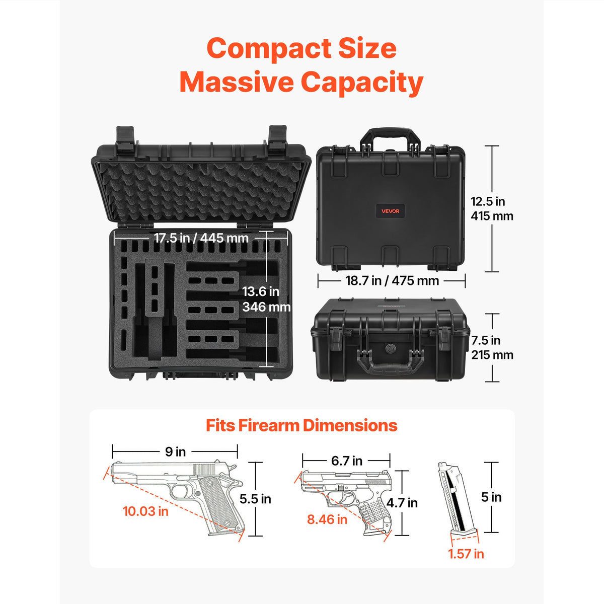Hard Gun Case with Modular XPE Foam Interior – Heavy Duty Pistol Storage Box with Metal Hinges, 4 Lock Holes & Pressure Valve, Fits Glock & 6 Magazines, 18.7x12.5x7.5 in