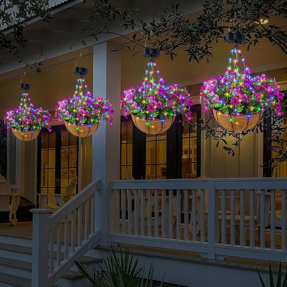 Solar Hanging Flower Basket with RGB String Lights – 10 Inch Artificial Flowers, Dusk-to-Dawn Auto On, Waterproof Outdoor Decor for Patio, Garden, Balcony & Front Porch | Pink Purple Orange