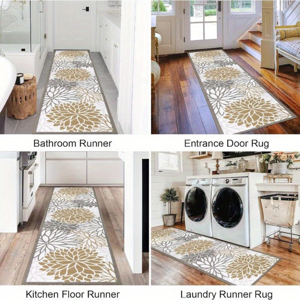 Floral Medallion Runner Rug Non-Slip Machine Washable – Low-Profile Hallway Carpet for Entryway, Laundry Room & Bathroom – Brown & Grey, 2x6, 2x8, 2x10 Ft