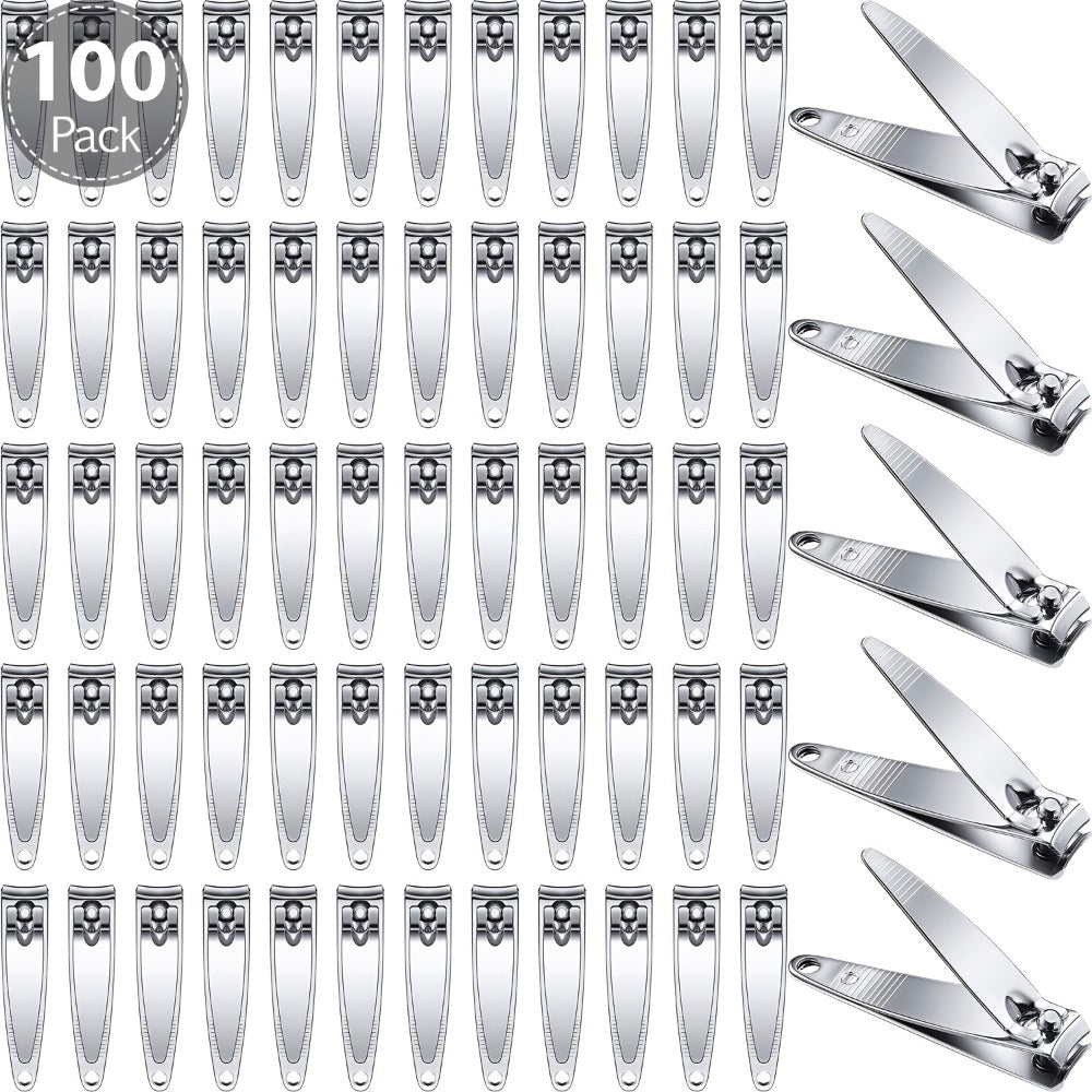 Nail Clippers Bulk 100pcs Stainless Steel — Heavy Duty Concave Blade Pointed Tip Non-Folding Fingernail & Toenail Trimmer for Men & Women Salon Supply Travel Gym Wholesale