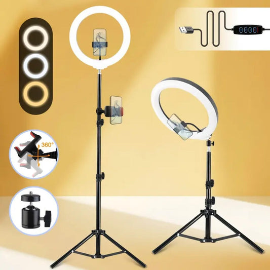 Selfie Ring Light 10/12 Inch with 42-Inch Retractable Tripod Stand | USB Powered, Cold Shoe Mount, Compatible with Smartphone, Camera & Webcam for YouTube, Instagram, TikTok & Live Streaming