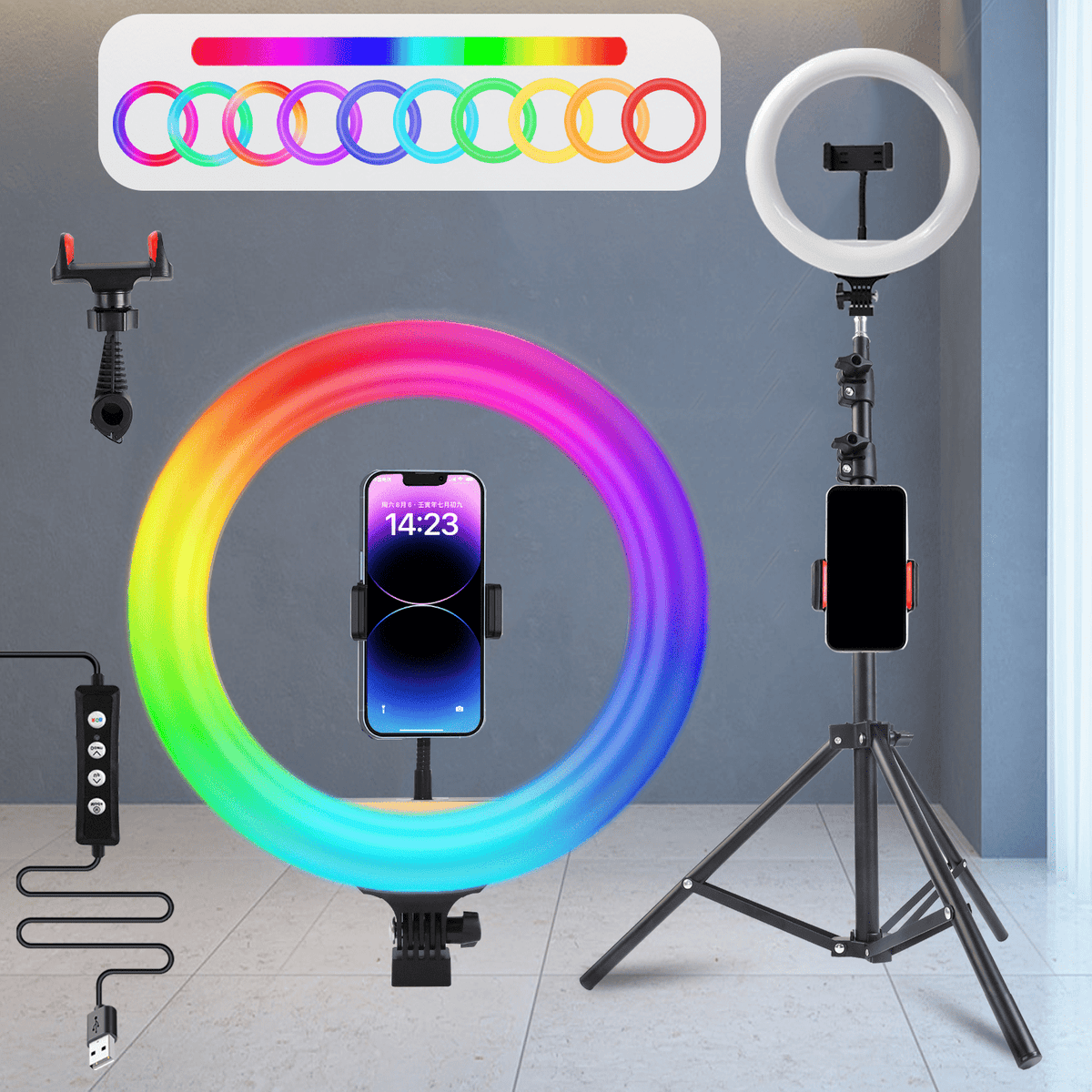 RGB LED Ring Light 43-Inch Adjustable Stand with Phone Holder USB Powered Multicolor Circle Fill Light for Photography Video Recording Streaming Makeup Selfie Outdoor Studio Lighting