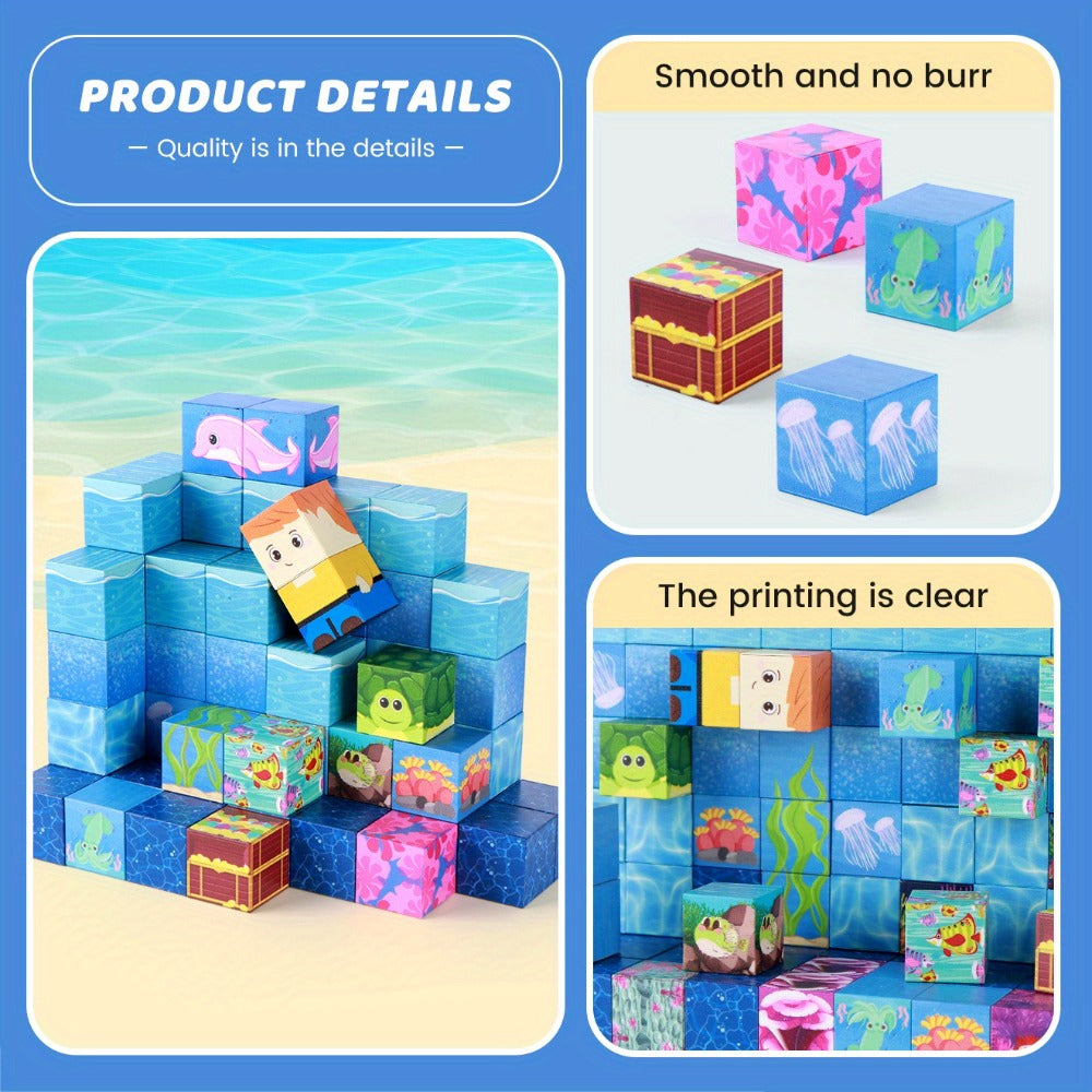 Ocean Adventure Magnetic Building Blocks, 54 or 100 Pieces, 3D Sea Theme Magnet Tiles for Ages 3+