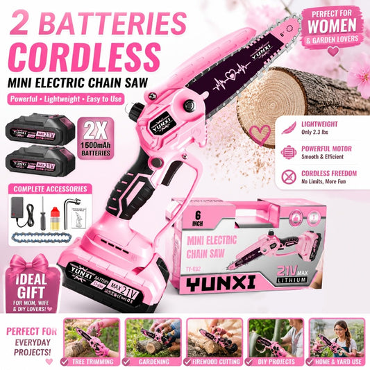 Cordless Mini Chainsaw, 6-Inch 21V Pink with 1- or 2-Battery Options