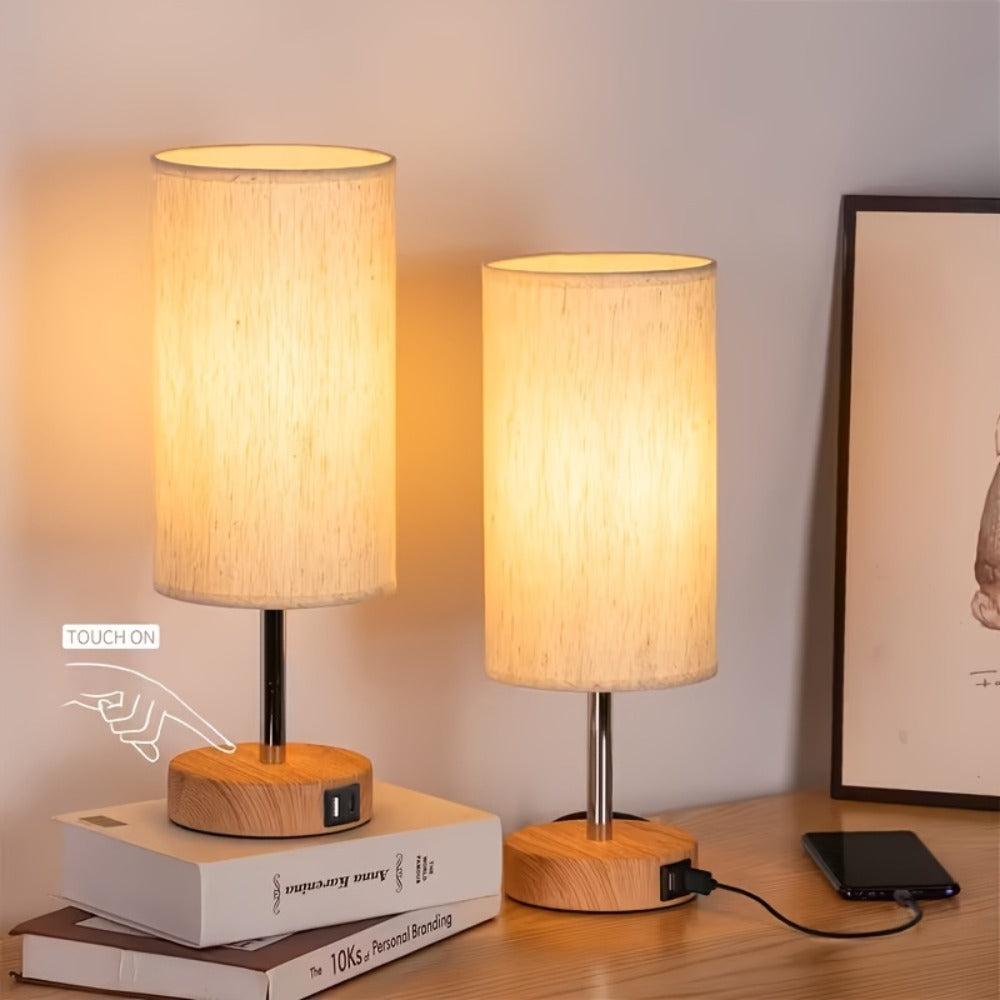 Bedside Table Lamp with USB-C Charging Port – 3-Way Dimmable Touch Lamp, Wood Base Round Burlap Shade, Small Nightstand Desk Light with AC Outlet & A19 LED Bulb Included for Bedroom Living Room Office