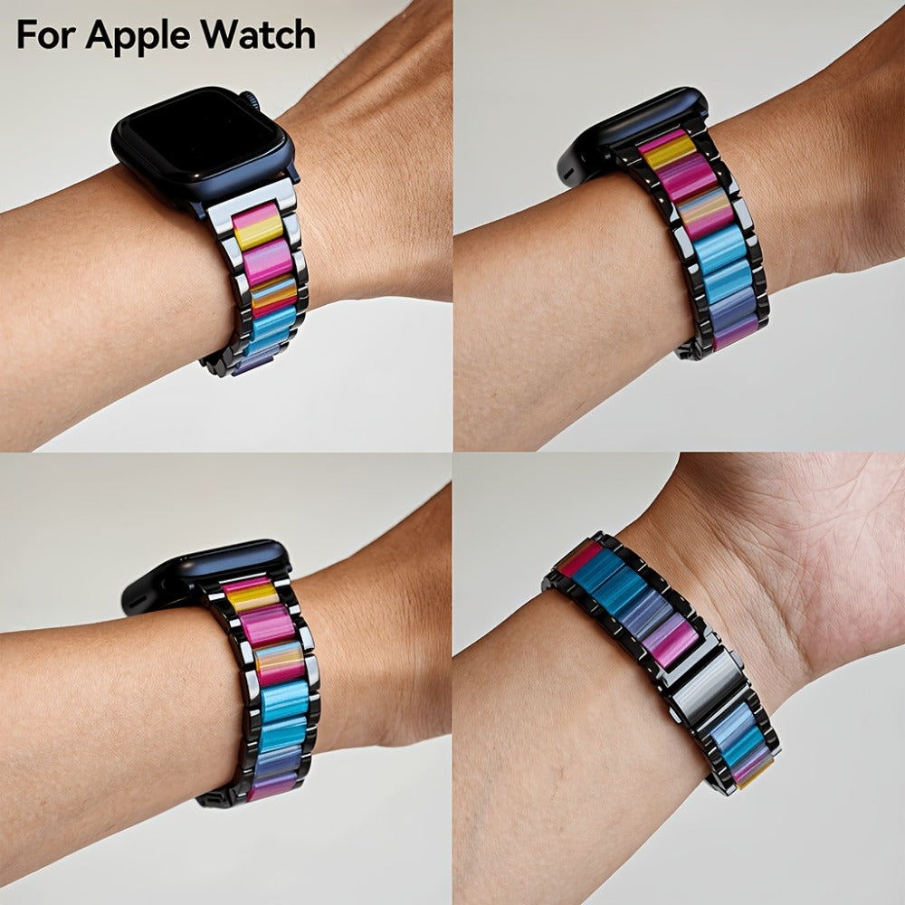 Stainless Steel Resin Apple Watch Band for Women – Gradient Brown & Rainbow Color Fashion Strap Compatible with Apple Watch Series 1–11 SE Ultra Ultra 2 38 40 41 42 44 45 46 49mm