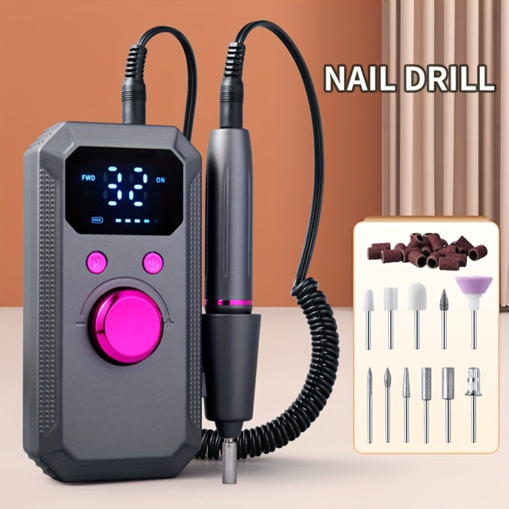Cordless Electric Nail Drill Machine Rechargeable Professional E-File 11 Bits 20 Sanding Discs High Speed Acrylic Gel Natural Nails Polishing Portable Home Salon Black Pink White Grey Rose Gold