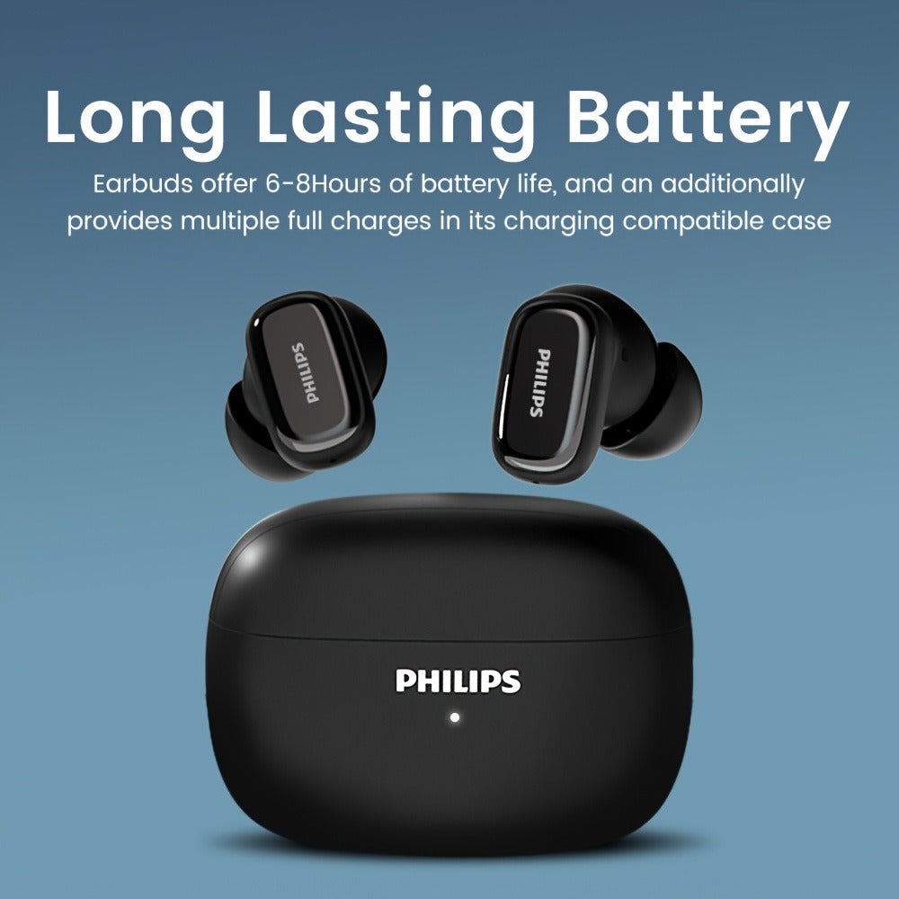 Philips TAT2569 Active Noise Reduction Wireless Earbuds, Dual Beamforming Mics 18H Playtime Bluetooth 5.4, Touch Control Secure Sport Fit Type-C Charging, Compatible with iPhone Android, Gift for Men Women