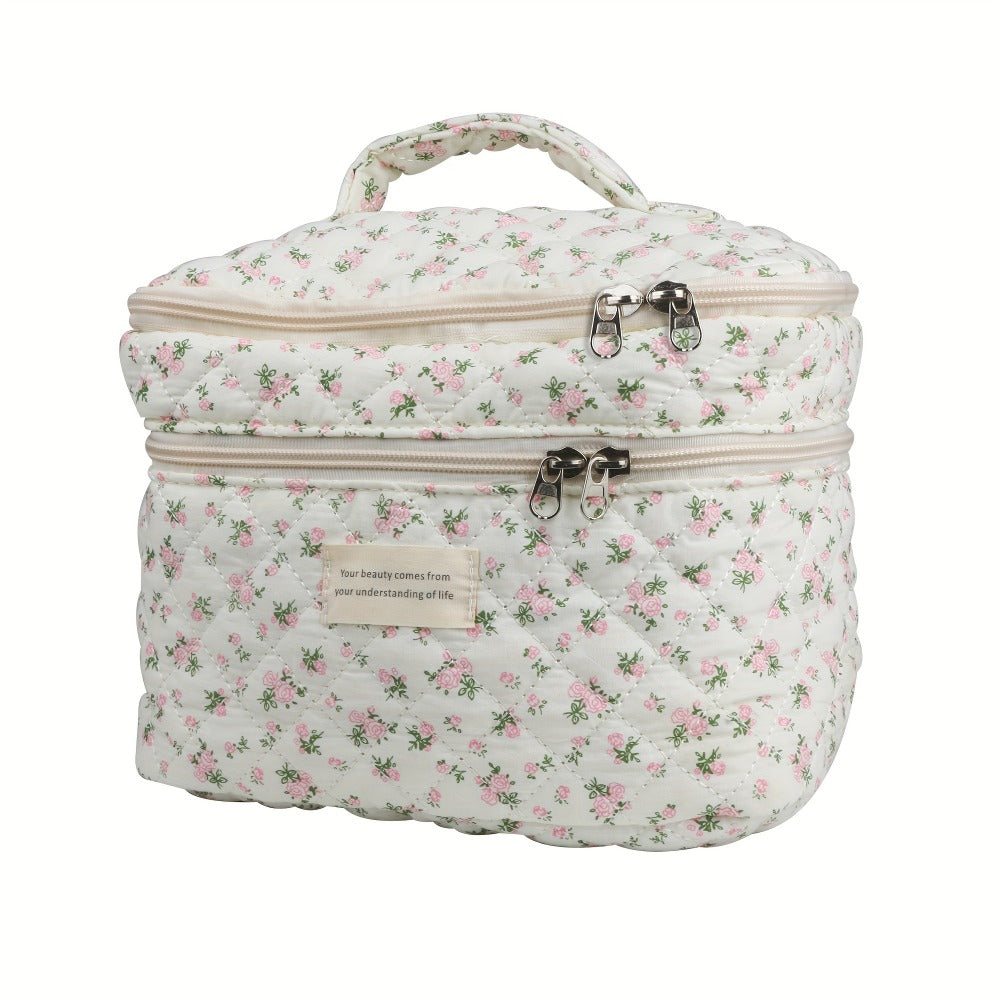 Makeup Bag Set 3 PCS Quilted Cotton Dual Layer Large Capacity Floral Coquette Aesthetic Travel Cosmetic Bag Women Toiletry Organizer Cute Soft Fabric Pouch Blue Pink Purple 6 Styles