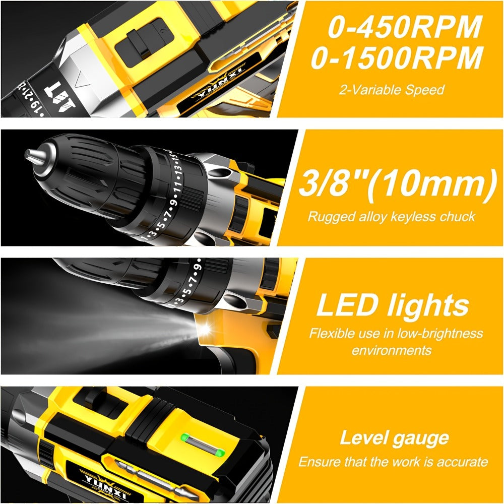 Cordless Impact Drill Set 21V – Electric Power Drill with 2.0Ah Battery, Fast Charger, Screwdriver Bits, Work Light, Variable Speed & Torque Control for Home & Car Repair, Men's Gift