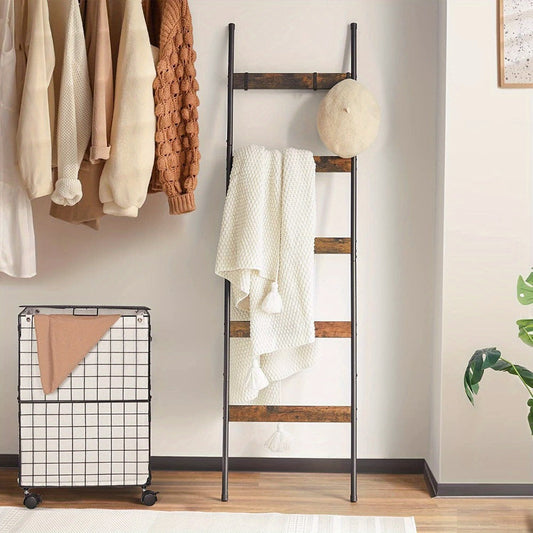 Blanket Ladder Rack with 5 Rungs and 10 Detachable Hooks, Farmhouse Style