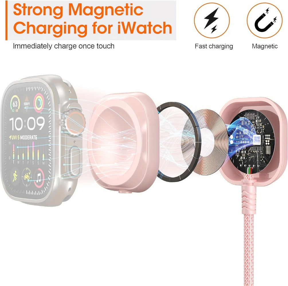3 in 1 Travel Charging Cable 24 Inch Nylon Braided, Lightning + Type-C + iWatch Magnetic Wireless Charger, Compact Portable Multi Charging Cord for iPhone iPad Android Apple Watch – Pink Short Cable