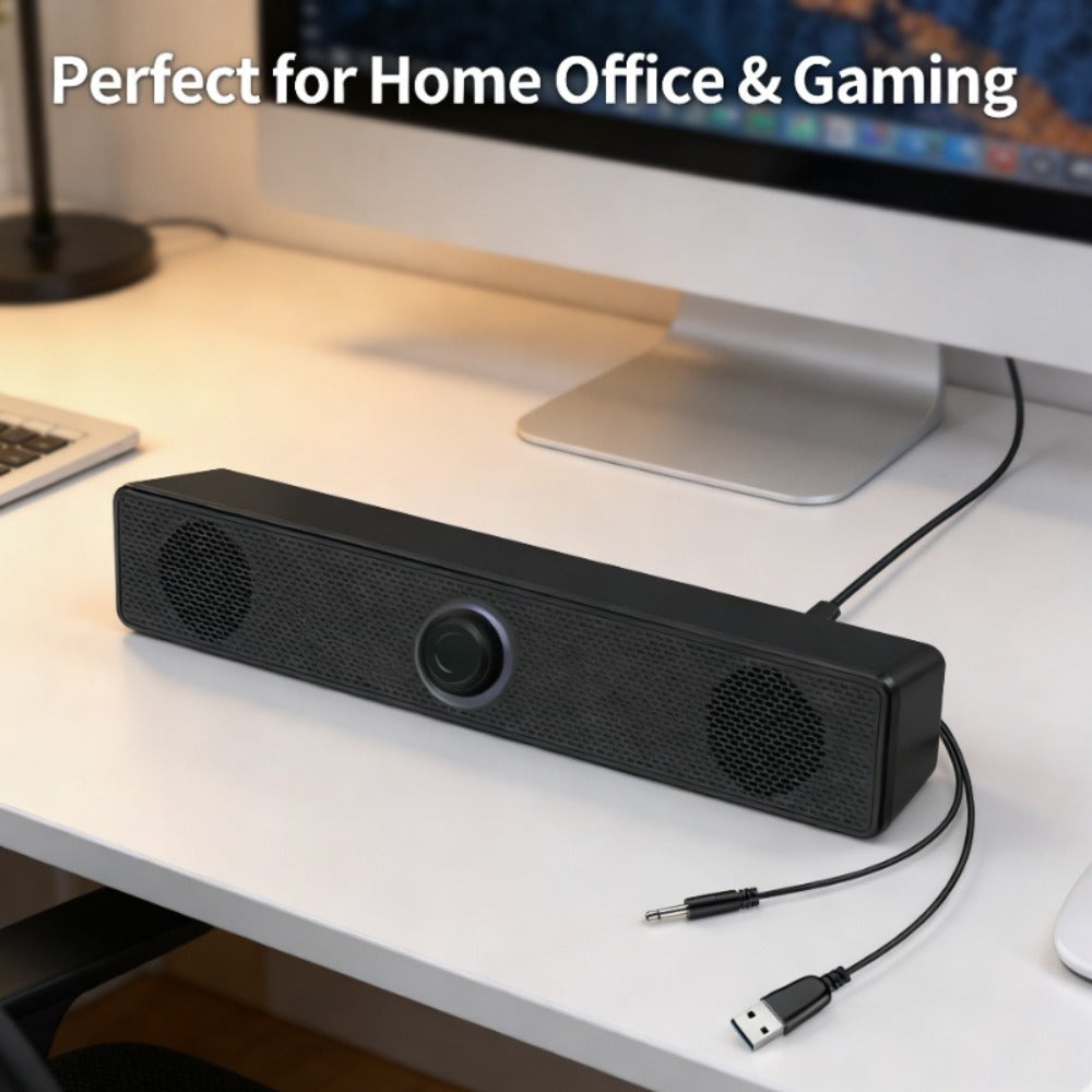 USB Wired Computer Soundbar Speaker for PC Desktop Laptop Monitor, Stereo Surround Sound Bar with Knob Volume Control, Plug & Play, No Battery Required, Slim Design for Home Office Gaming