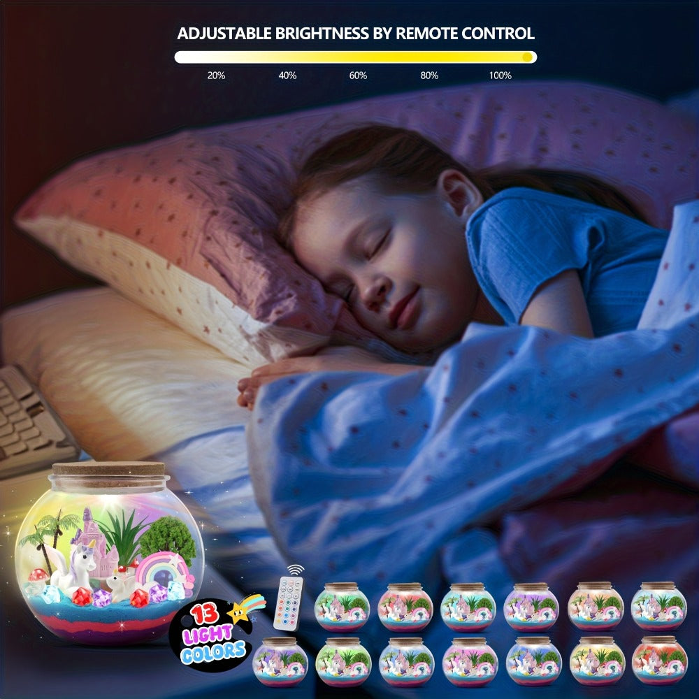 DIY Unicorn Terrarium Kit for Girls — Build Your Own Magic Garden with 13-Color LED Night Light & Remote, Arts Crafts STEM Toy Kids Ages 6+, Birthday Christmas Gift Girls