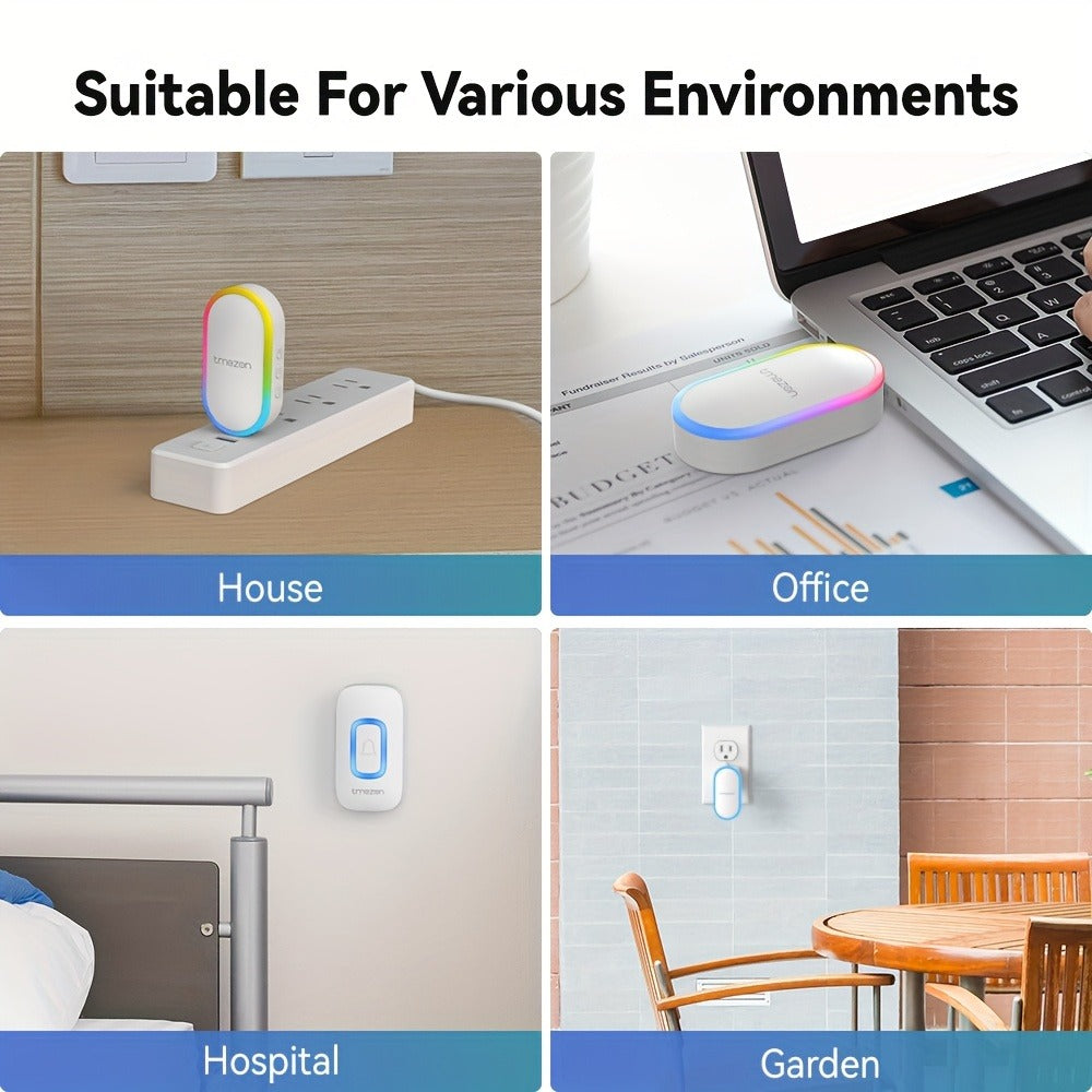 USB Plugin Wireless Doorbell Kit with 60 Melodies, 5 Volume Levels & Colorful LED Indicator, 1000ft Range, Silent Mode, Battery-Powered Transmitter, No Wiring for Home Office Apartment Elderly