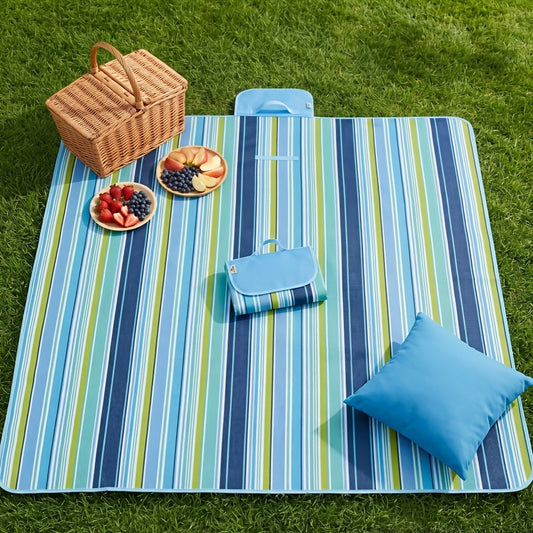 Waterproof Picnic Blanket in Blue Stripes, 31.5 x 57.09-Inch Foldable Beach Mat