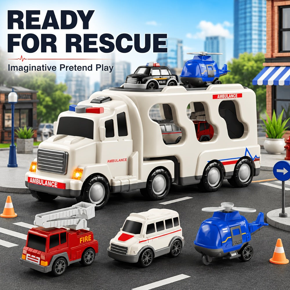 Ambulance Carrier Truck Toy Set, 5-in-1 with Lights, Sound and Rescue Vehicles