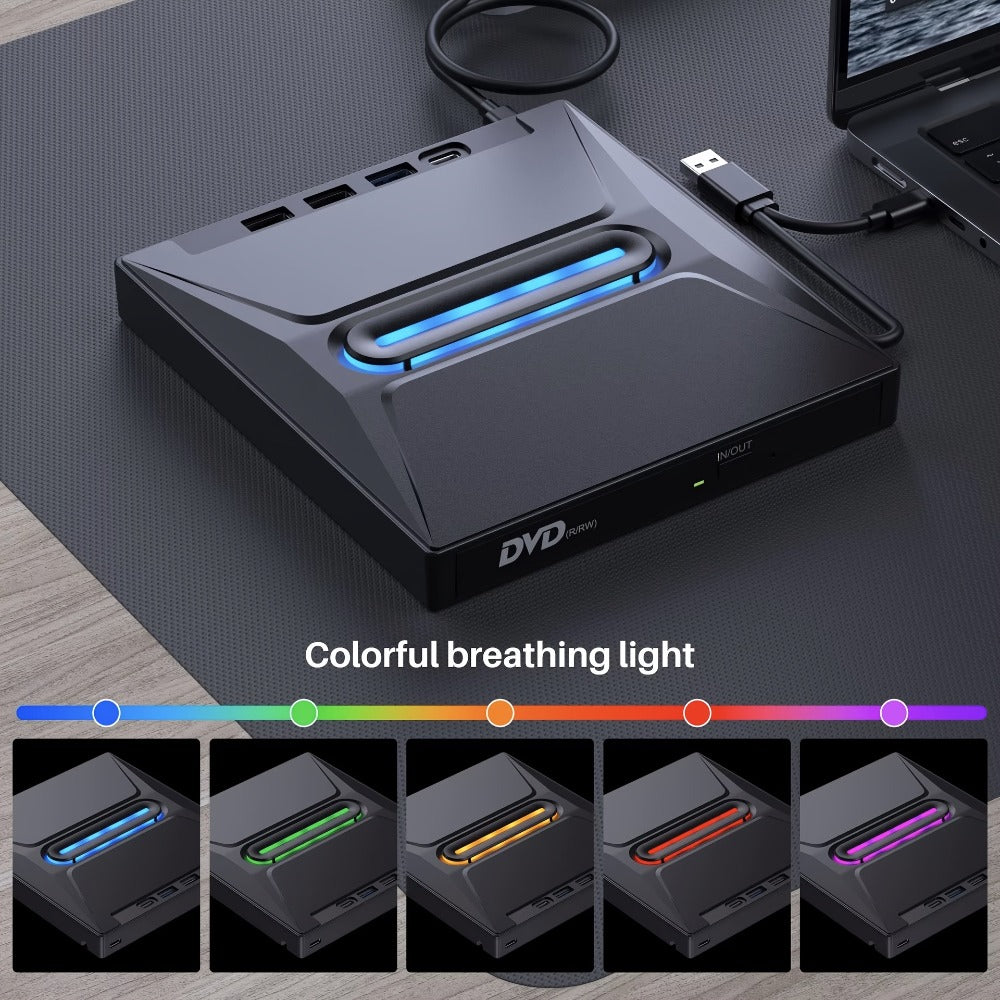 8-in-1 Luminous External CD DVD Drive USB 3.0 & Type-C - Portable CD/DVD±RW Burner Player Hub with 3 USB Ports, TF/SD Card Reader, Compatible with Laptop Desktop PC Windows Linux