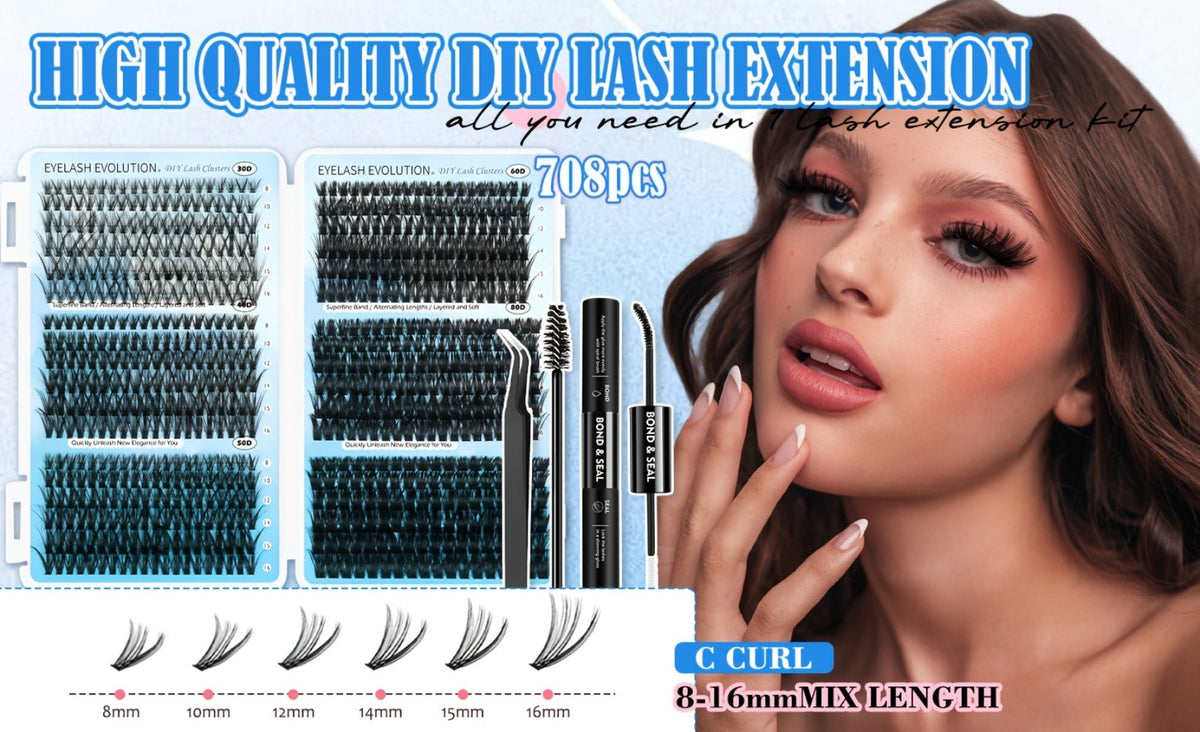 Lash Clusters Kit 720Pcs Individual Eyelash Extensions 30D 50D 80D 100D C Curl Wispy Cluster Lashes with Bond Glue & Tweezers – Complete DIY Lash Extension Kit for Beginners, Natural to Dramatic Eye Look
