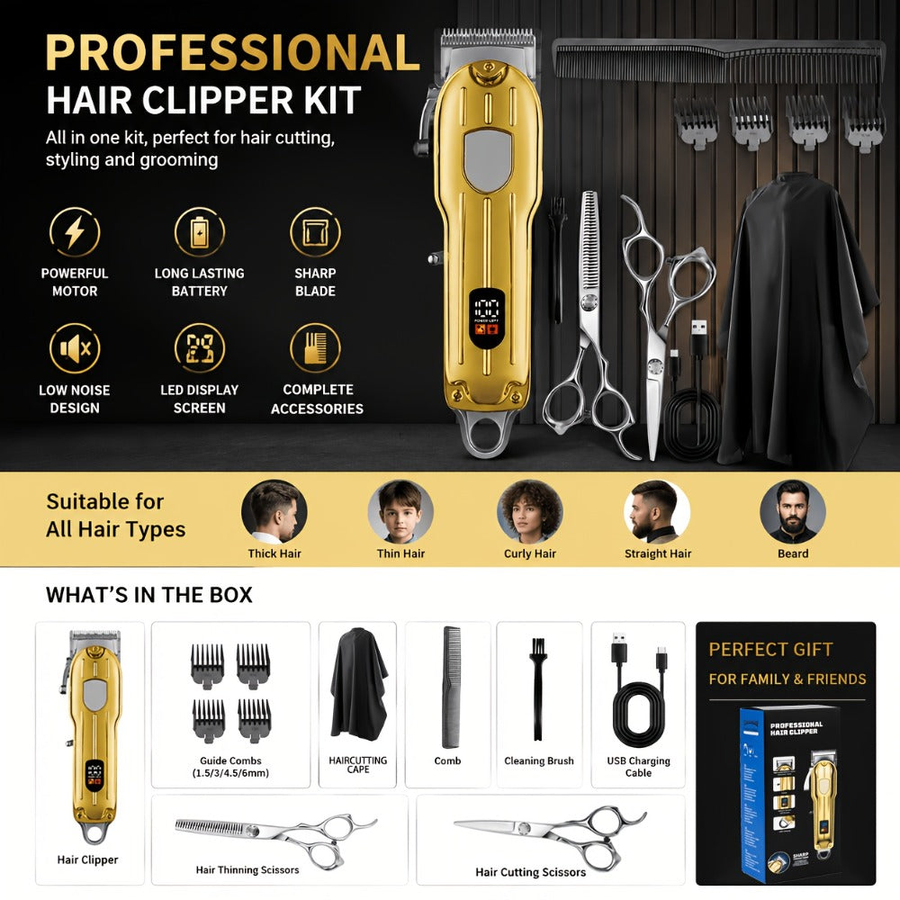 Barber Hair Clipper Kit for Men — USB Rechargeable Digital Size Adjustment, Complete Set with Scissors & 4 Limit Combs, Professional Home Barbering Grooming Set, Gift for Dad & Husband