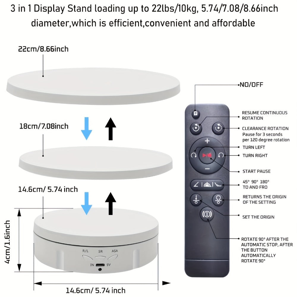 JANCHUN 3-in-1 360° Rotating Display Stand for Epoxy Glitter Tumbler | 5.74"/7.08"/8.06" Sizes, Remote Control, Adjustable Speed & Angle, Silent USB-Powered Turntable for Photography & Product Display