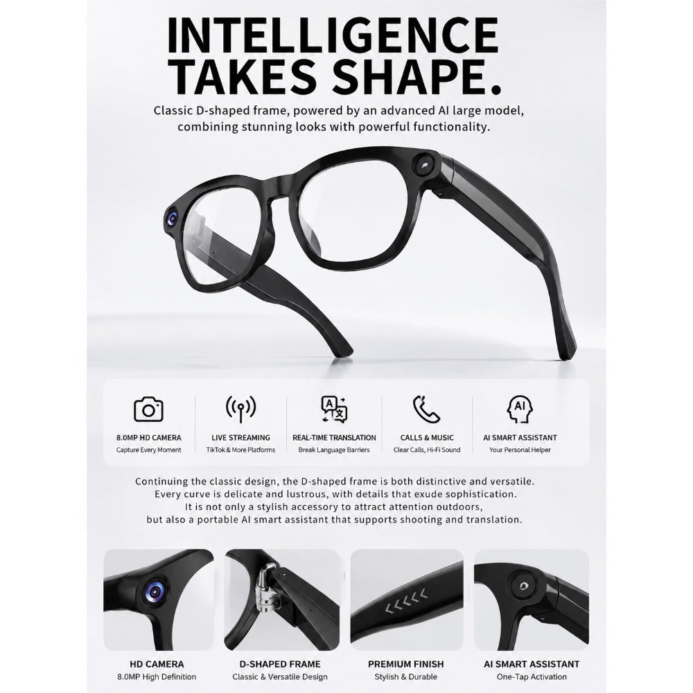 AI Smart Glasses 8MP HD Camera - Real-Time Translation, Bluetooth Call & Music, AI Object Recognition, Touch Control, Wearable Video Recording Glasses for Men Women Travel Outdoor 2026