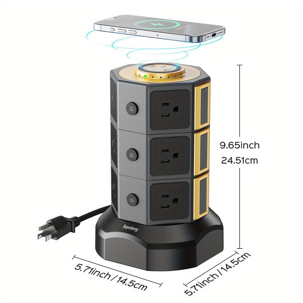 Wireless Charging Tower Power Strip 18-in-1 Surge Protector - 12 AC Outlets, 6 USB Ports (2 USB-C), 1050 Joules, 5ft Retractable Cord, Gold Desktop Charging Tower for Home Office Dorm