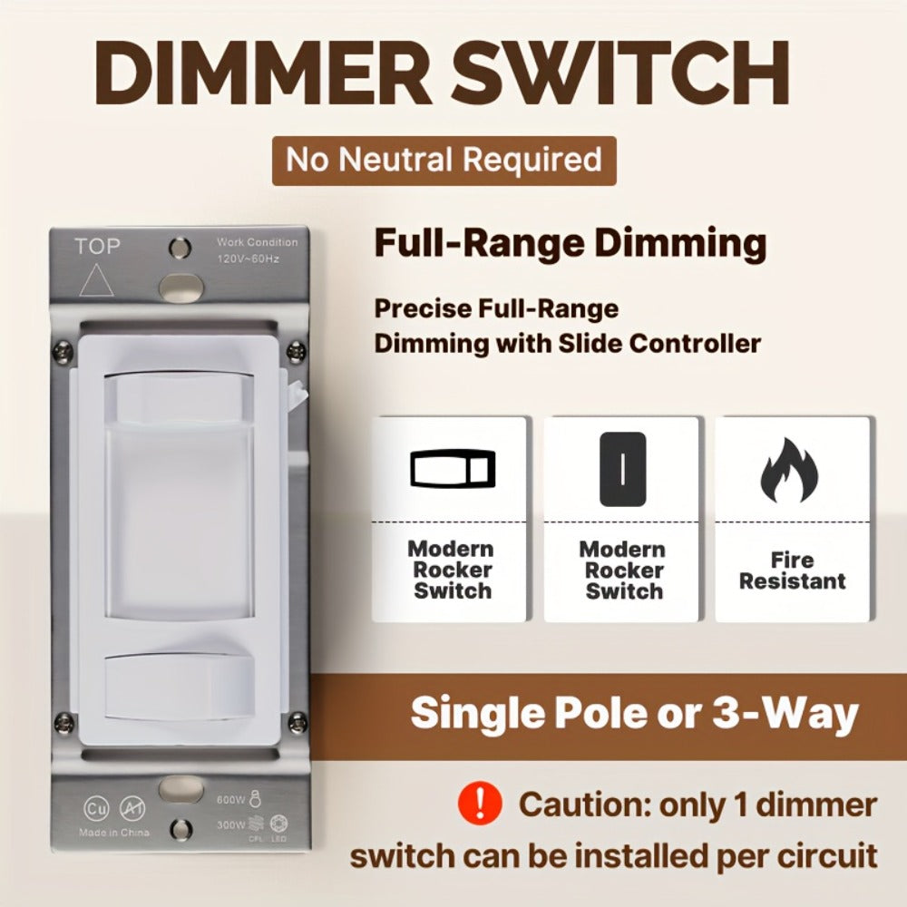 MOES Slide Dimmer Light Switch 3-Way & Single Pole No Neutral Wire – 600W Max, Compatible with LED CFL Incandescent Halogen, On/Off Dimming Control, Bedroom Hallway Living Room, Black & White (2/6-Pack)